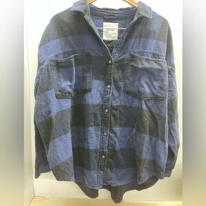 Aerie Men's Navy and Charcoal Checkered Shirt